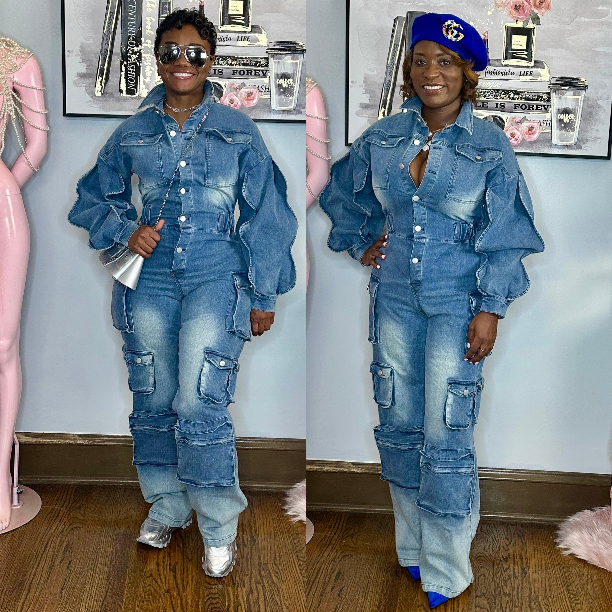 Denim Cargo Ruffle Sleeve Jumpsuit Women s Fashion The Polished Chics
